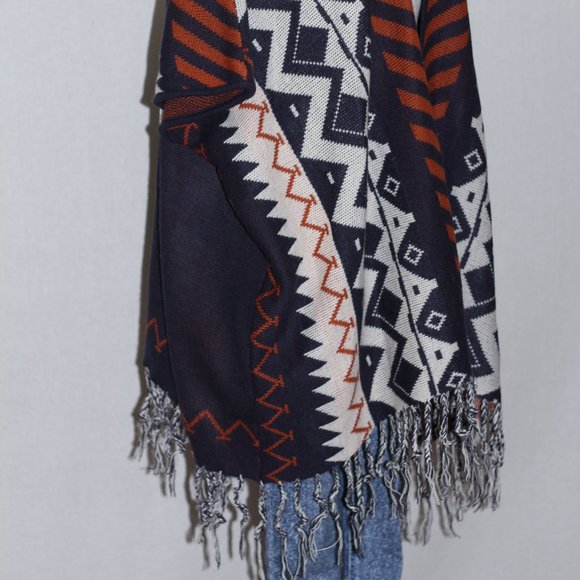 Blue & Orange Wool Tribal Fringe Shawl - Picture 12 of 15